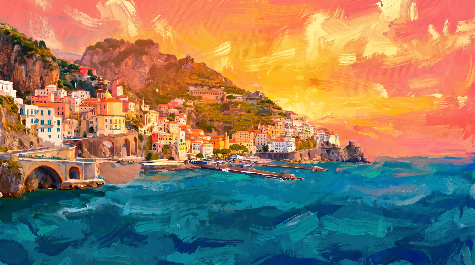 A town stacked up a headland at sunset, pastel houses and an arched viaduct on the left, deep teal water filling the lower half.