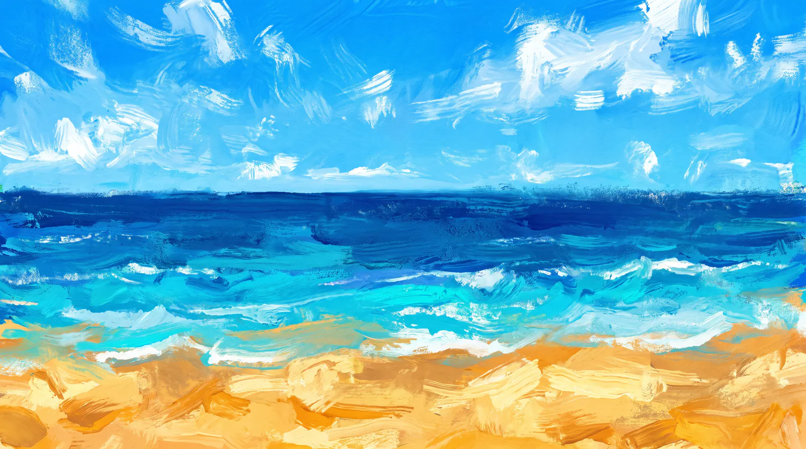 An empty shore painted in heavy oils, laid out in four bands: ochre sand, breaking surf, a deep navy horizon, and a brushed sky above it.