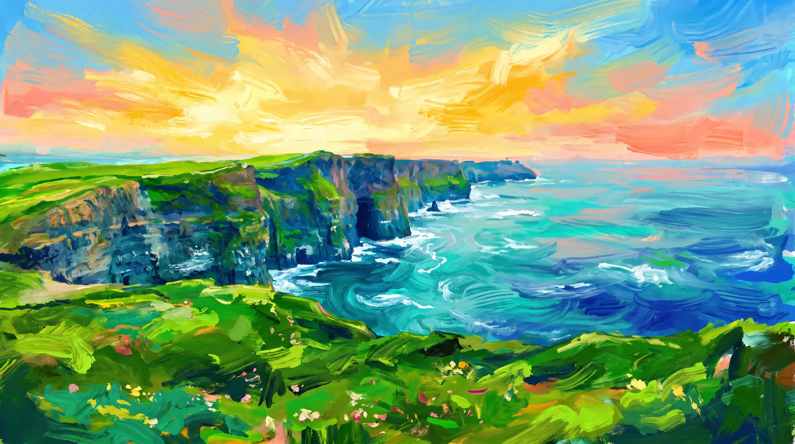 Sea cliffs seen from a grass headland, with the pasture in the foreground carrying most of the canvas and the drop to the water held to the middle third.
