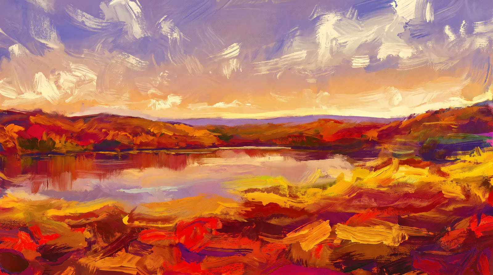 Hills in red and gold foliage above a still lake, with the far shore reduced to a violet line under an amber sky.