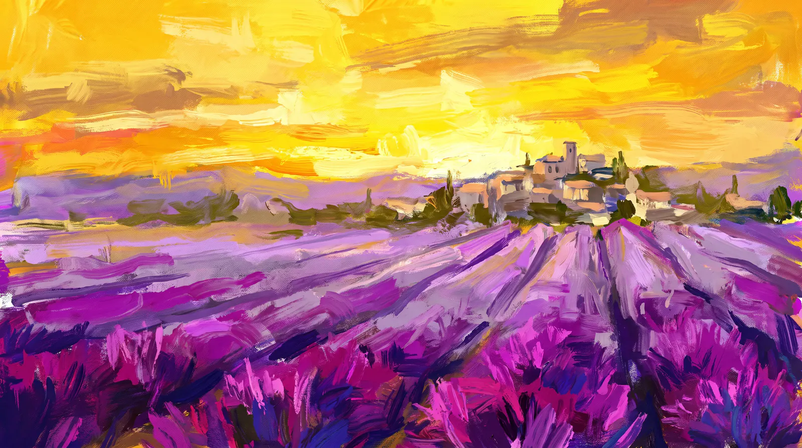 Rows of lavender running from the bottom edge to a stone village on the ridge, in violet and magenta under a flat golden sky.