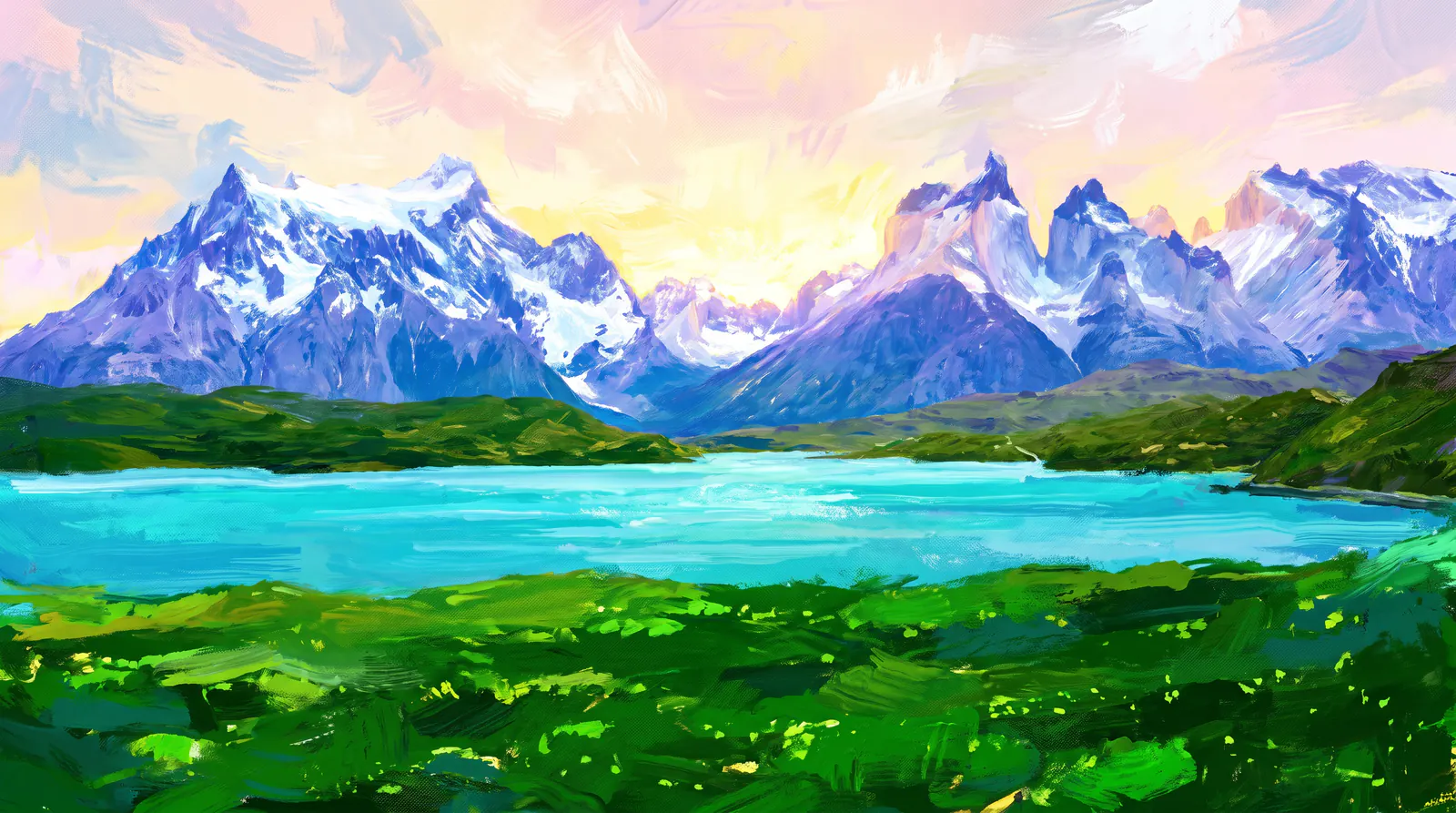Snow-capped peaks over a turquoise lake, with a green meadow taking the whole of the foreground.