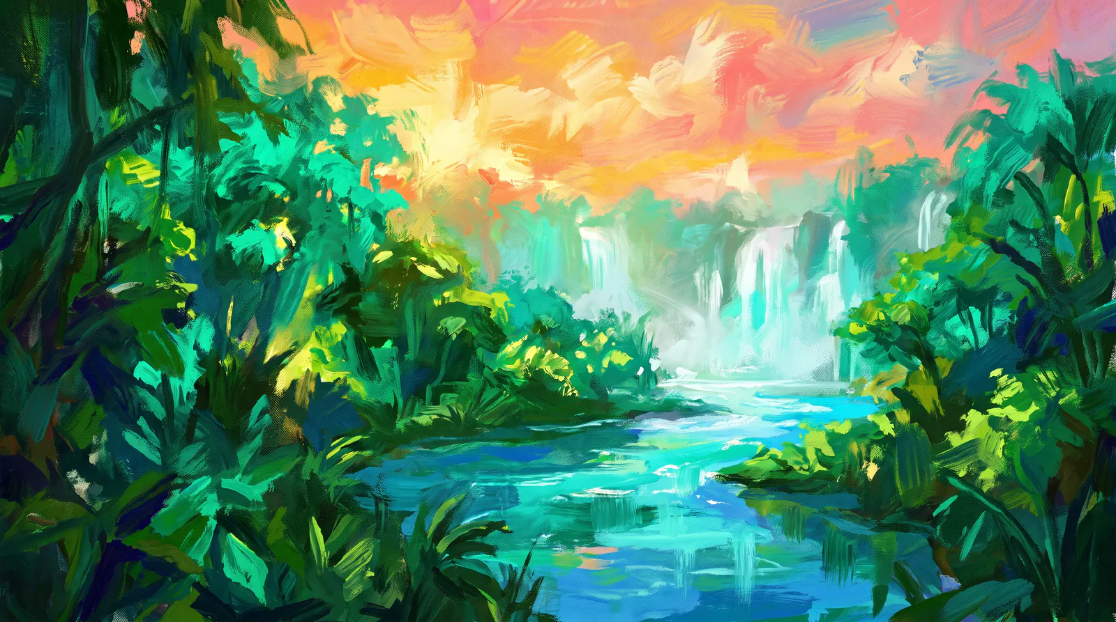 A river running out of a wall of waterfalls, with jungle closing over both banks in greens that run from near-black to acid yellow.