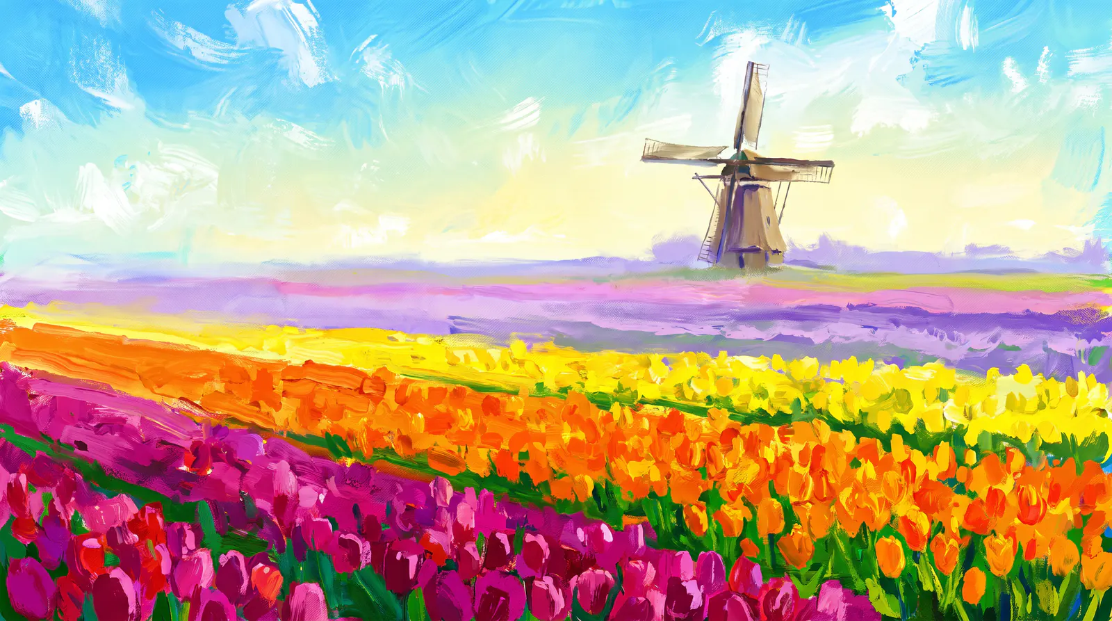 Bands of tulips in magenta, orange and yellow running away to a windmill, under a blue and white spring sky.