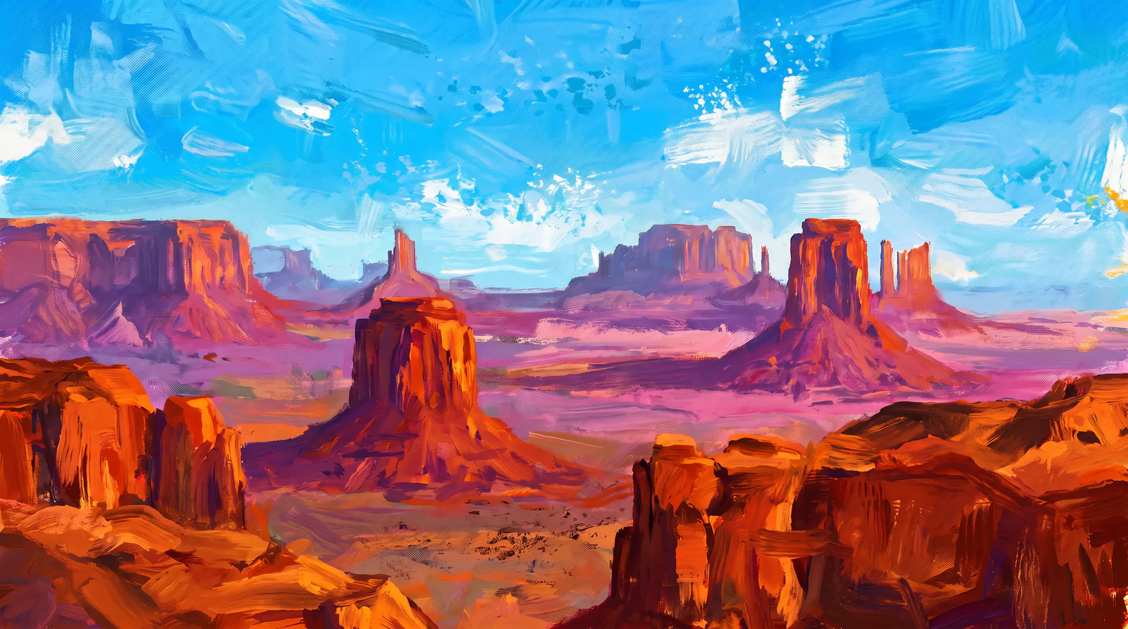 Desert buttes in oxide red and orange, standing on a valley floor painted in violet shadow, under a sky brushed in flat blue.